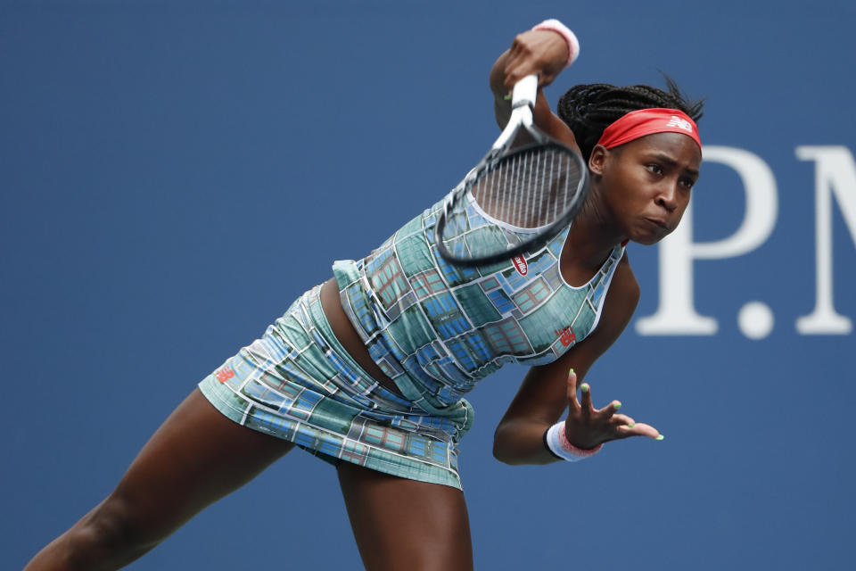 Aug 27, 2019; Flushing, NY, USA; Coco Gauff of the United States serves against Anastasia Potapova of Russia (not pictured) in the first round on day two of the 2019 U.S. Open tennis tournament at USTA Billie Jean King National Tennis Center. Mandatory Credit: Geoff Burke-USA TODAY Sports