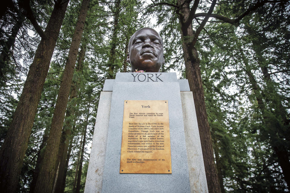 A bust of York, a member of the Lewis and Clark expedition, is seen on Mount Tabor in southeast Portland, Ore., on Sunday Feb. 21, 2021. The statue appeared the day before. (Mark Graves/The Oregonian via AP)