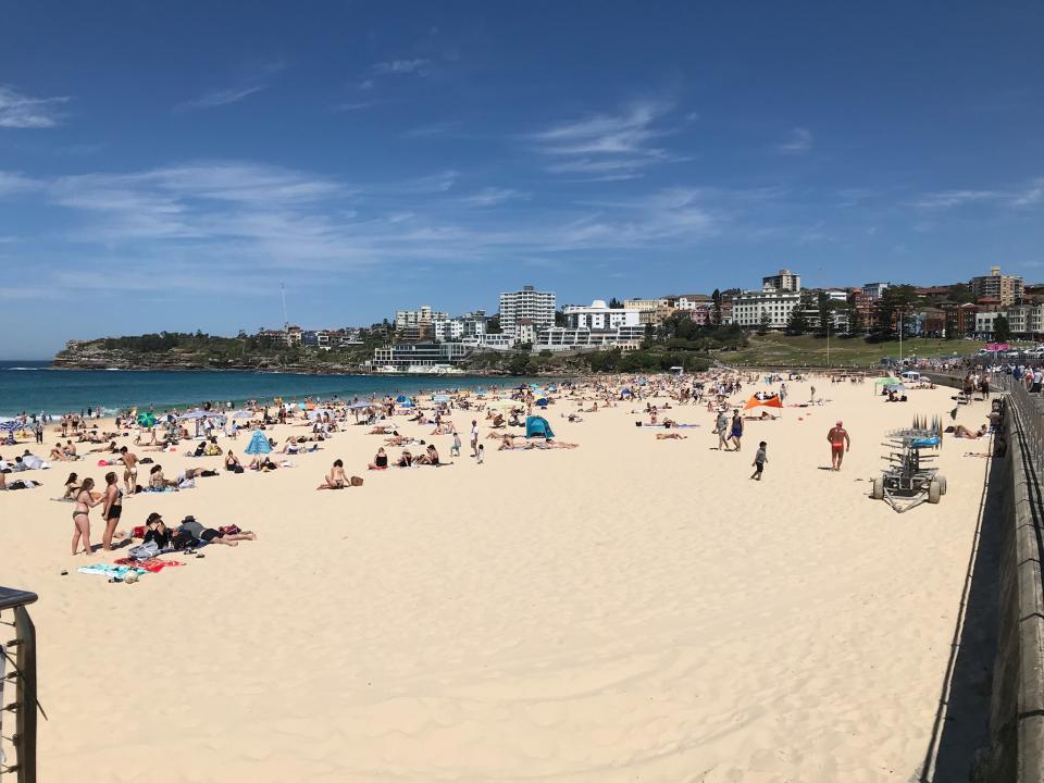 Waverley Council was urging people to spread out on Bondi Beach on Monday, as people flocked to the coast. Source: Waverley Council