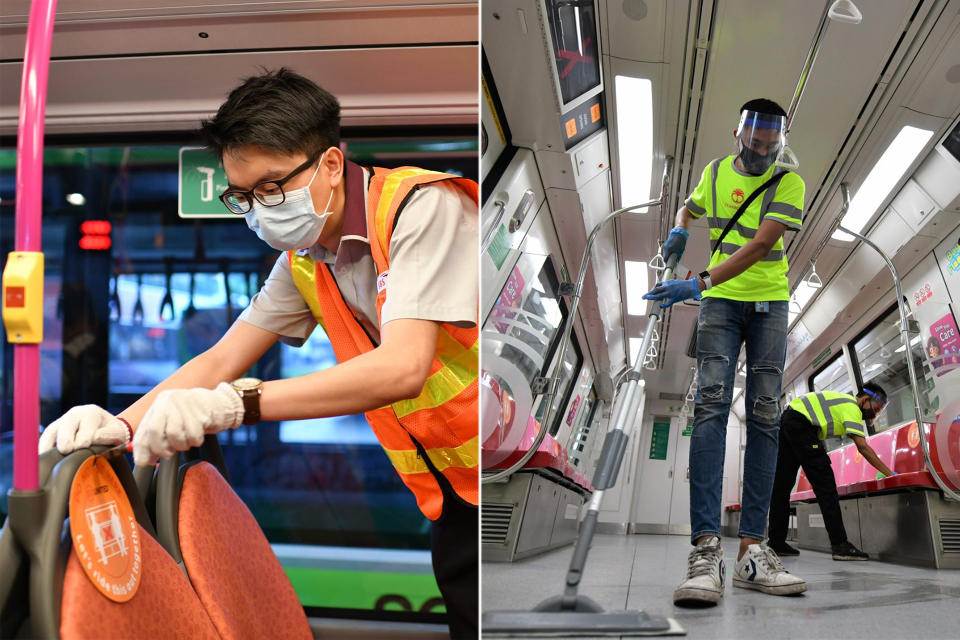 (Left) A safe-distancing notice being removed from a public bus seat and (right) workers cleaning an MRT train. (PHOTOS: Facebook / Khaw Boon Wan)