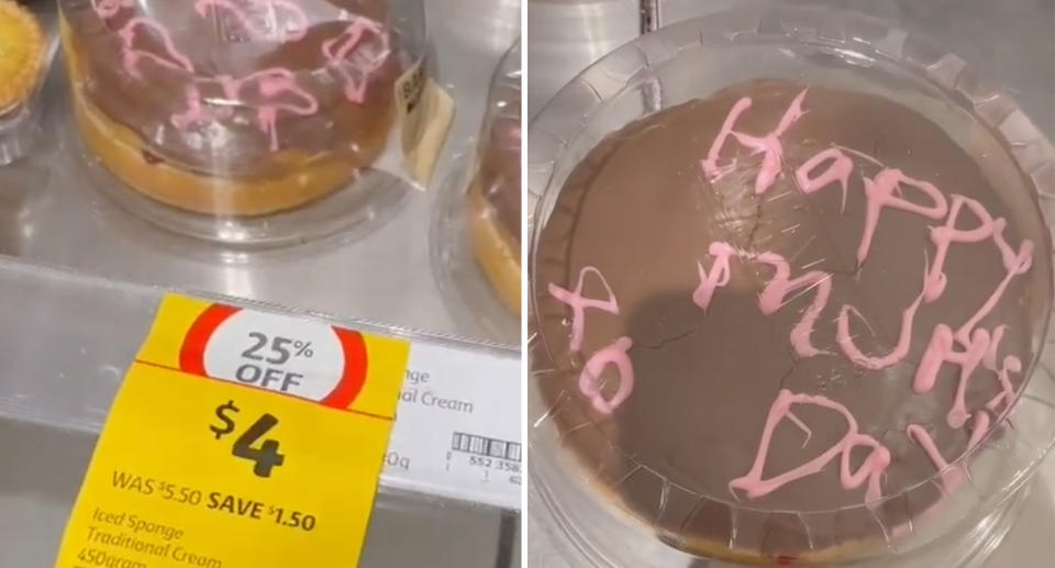 Cake with messy decoration from Coles pictured.