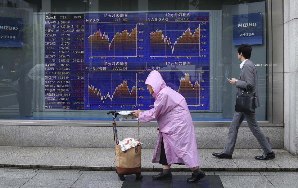 People walk by an electronic stock board of a securities firm in Tokyo, Tuesday, July 23, 2019. Asian stock markets rose on Tuesday on optimism over possible new U.S.-China talks despite rising Middle East tensions. (AP Photo/Koji Sasahara)