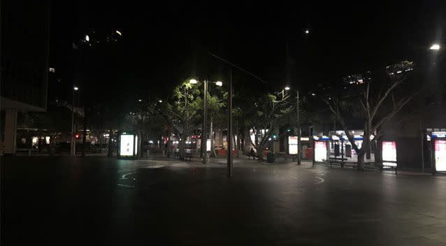 The picture showed a deserted Circular Quay on a Saturday night with many speculating why the street was so empty. Source: Reddit/ Charlesingalls