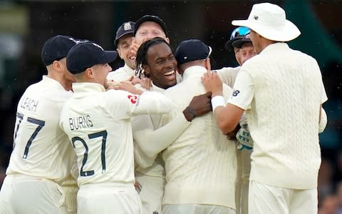 Jofra Archer celebrates taking the wicket of Cameron Bancroft - Credit: PA