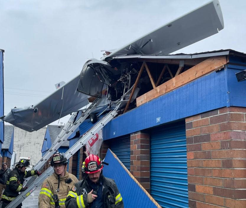 At the scene of where a single-engine plane crashed into a storage building in Kent, Washington. Jan. 7, 2022.  / Credit: Puget Sound Regional Fire Authority