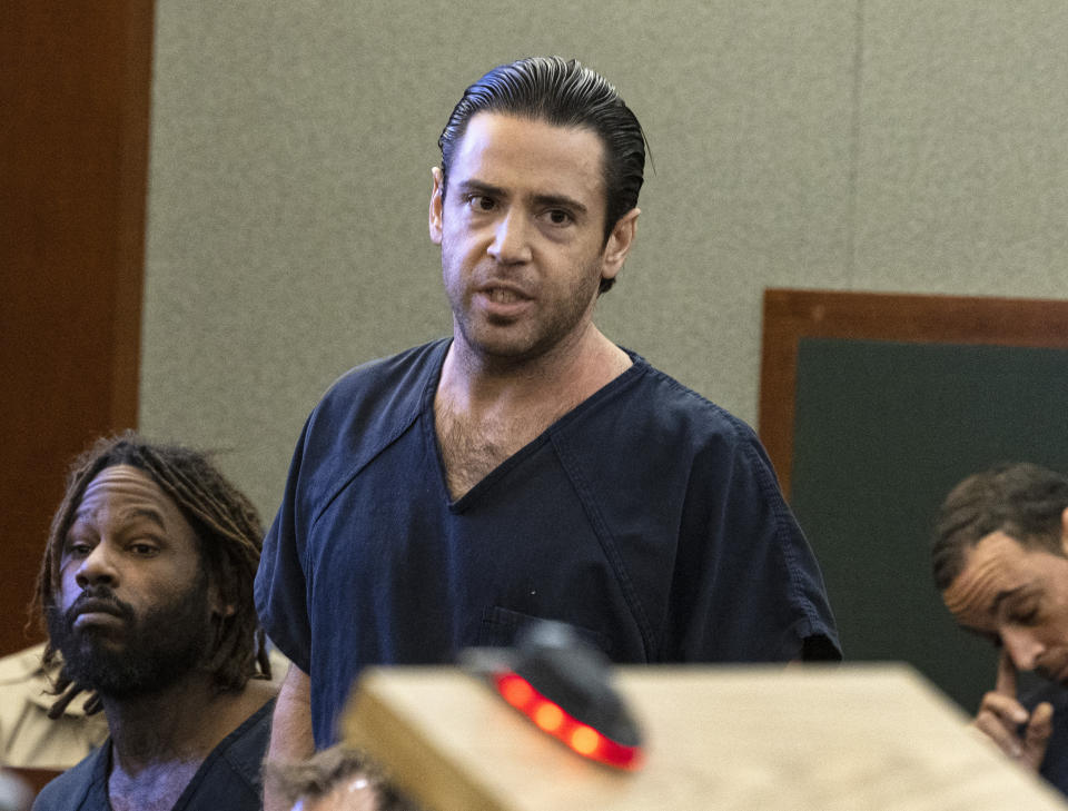 Matthew Mannix, accused of holding a woman hostage and throwing furniture out of a Caesars Palace hotel room, appears in court during his sentencing at the Regional Justice Center, on Thursday, Sept. 28, 2023, in Las Vegas. (Bizuayehu Tesfaye/Las Vegas Review-Journal via AP)