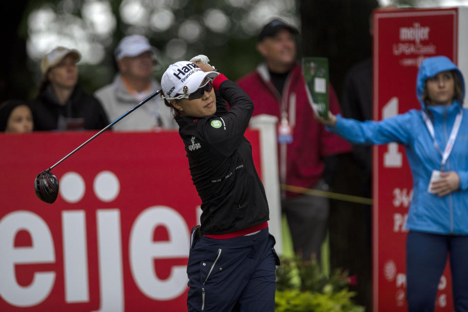 Minjee Lee, of Austrlia, tees off on the first hole during the first round of the Meijer LPGA Classic golf tournament at Blythefield Country Club on Thursday, June 13, 2019, in Belmont, Mich. (Alyssa Keown/The Grand Rapids Press via AP)