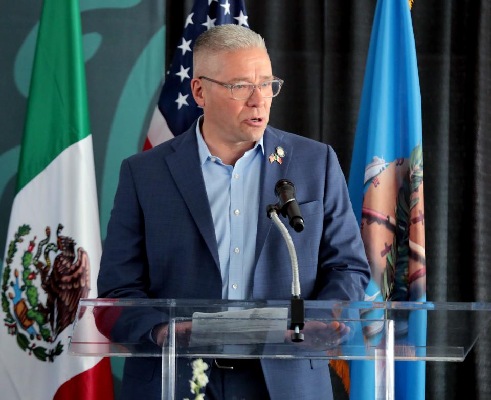 State Sen. Michael Brooks-Jimenez speaks May 20, 2023, at the inauguration of Oklahoma's Mexican Consulate in Oklahoma City. "My mom's side of the family was probably one of the first Mexican families to come to Oklahoma," the senator said in a recent interview.