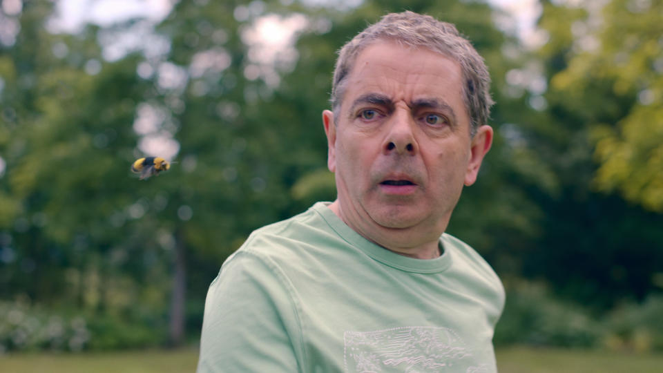 Rowan Atkinson takes on a troublesome insect in slapstick series Man vs. Bee. (Netflix)