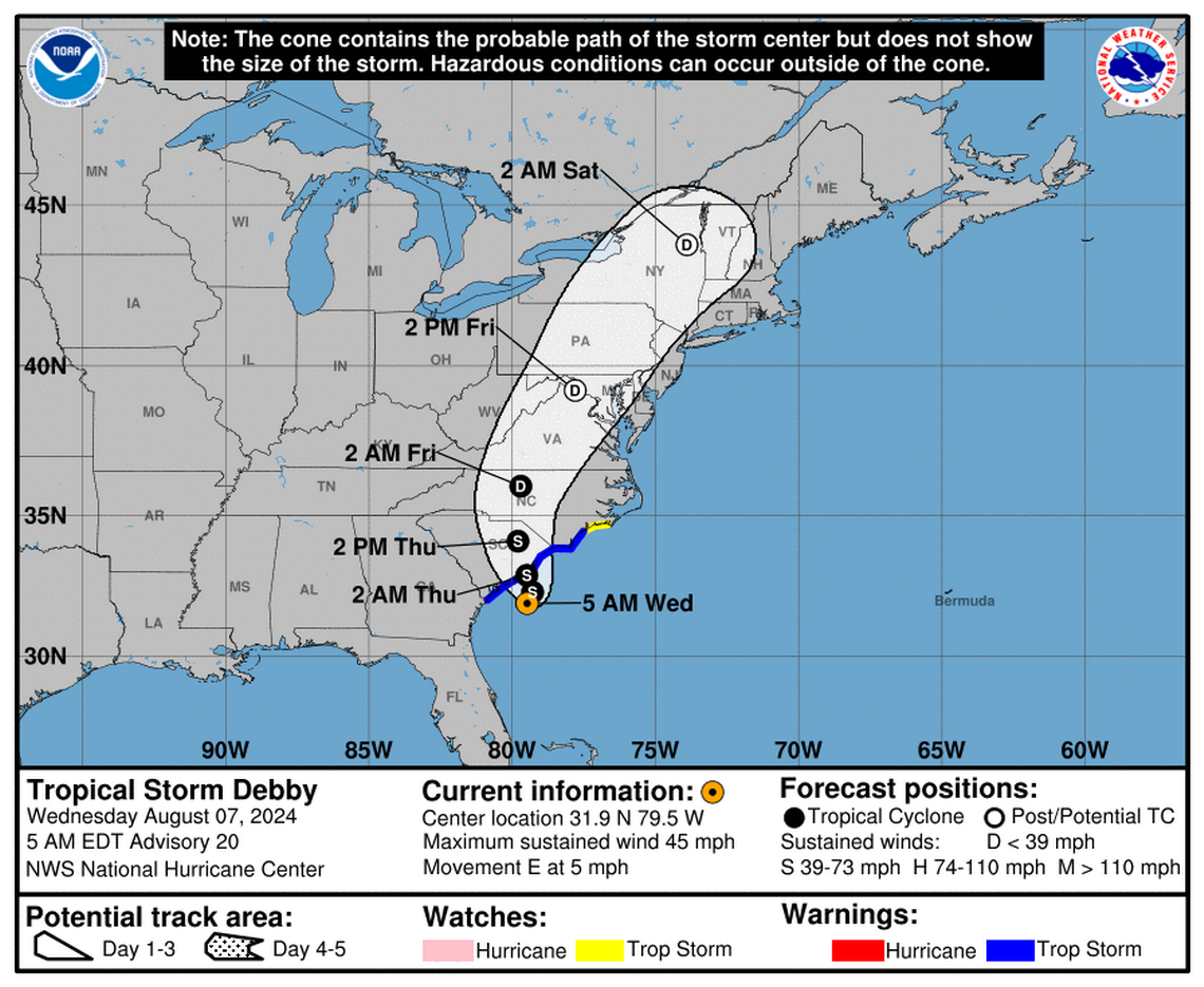 Tropical Storm Debby’s path and progress NHC’s Wednesday, Aug 07 update