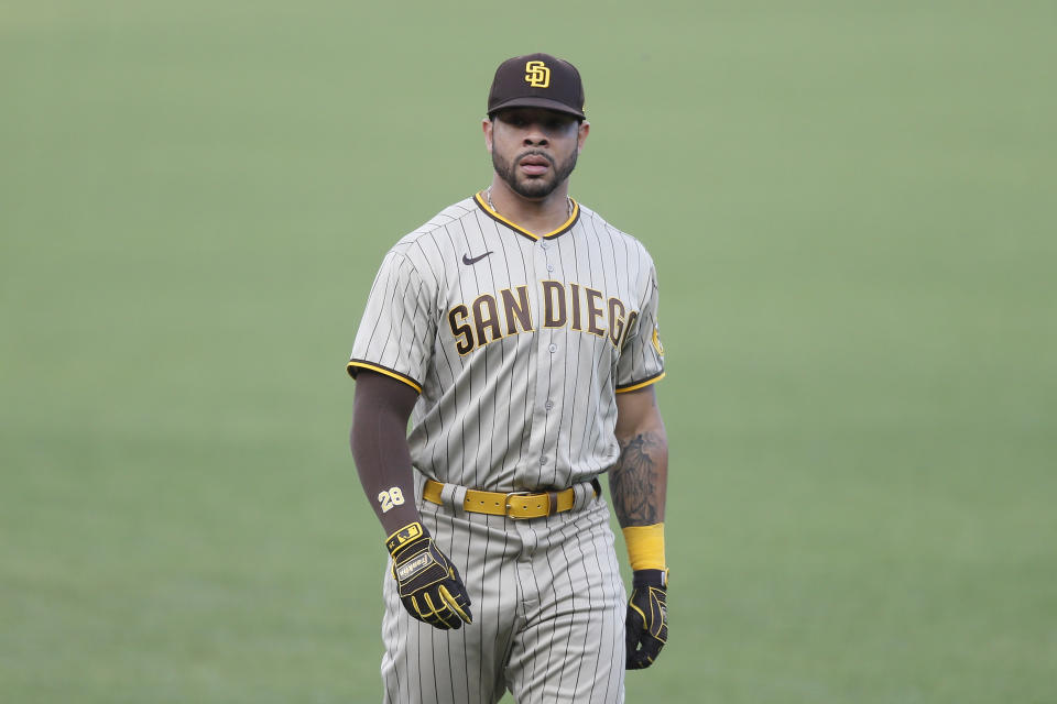 SAN FRANCISCO, CALIFORNIA - SEPTEMBER 26: Tommy Pham #28 of the San Diego Padres looks on before the game against the San Francisco Giants at Oracle Park on September 26, 2020 in San Francisco, California. (Photo by Lachlan Cunningham/Getty Images)