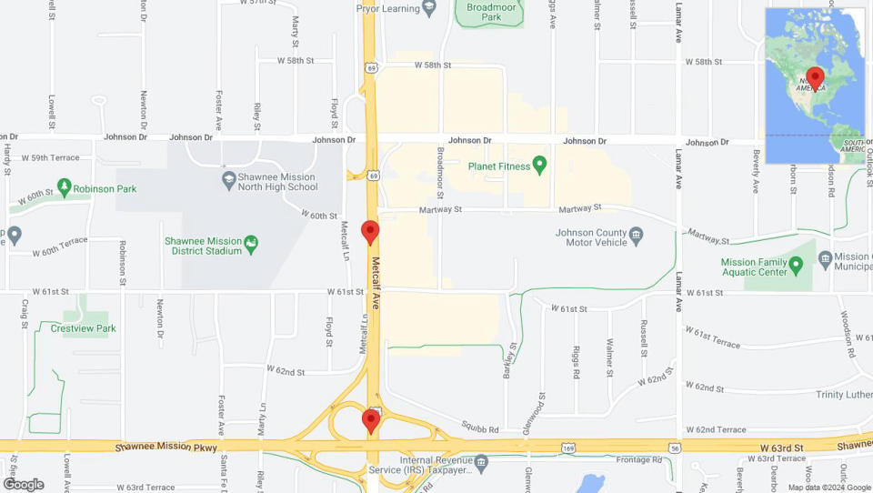 A detailed map that shows the affected road due to 'Overland Park: US-69 South closed' on May 3rd at 1:43 p.m.