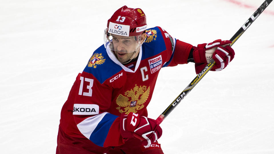 Russian forward Pavel Datsyuk is in action during the exhibition ice hockey game between Russia and Belarus in Moscow, Russia, Tuesday, Jan. 30, 2018. Pavel Datsyuk will serve as team captain for the “Olympic Athletes from Russia” hockey team at the Pyeongchang Games. (AP Photo/Alexander Zemlianichenko)