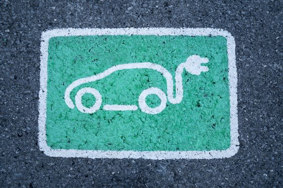 A drawing of an electric car on pavement.