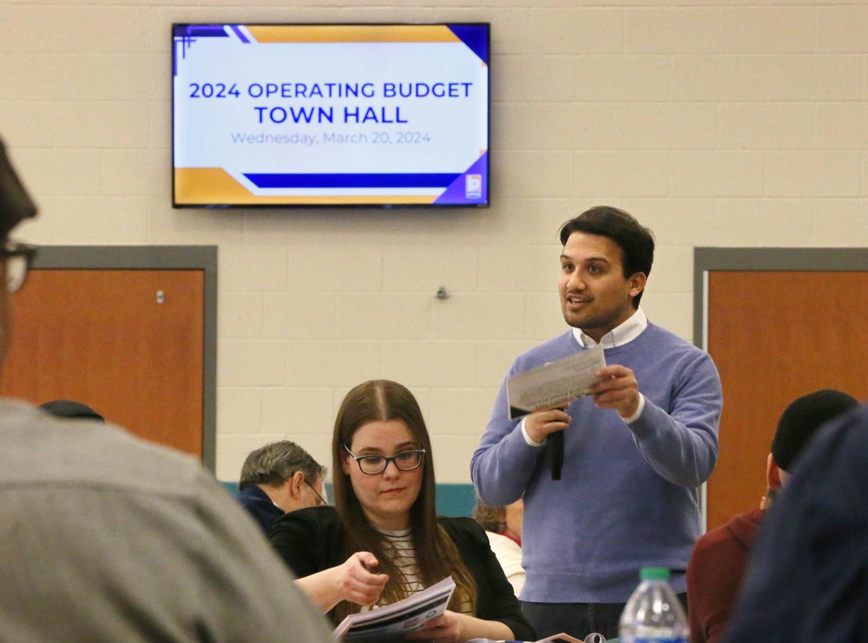 Akron Mayor Shammas Malik addresses participants at the start of a City of Akron 2024 Operating Budget Town Hall at Firestone High School  Wednesday in Akron.