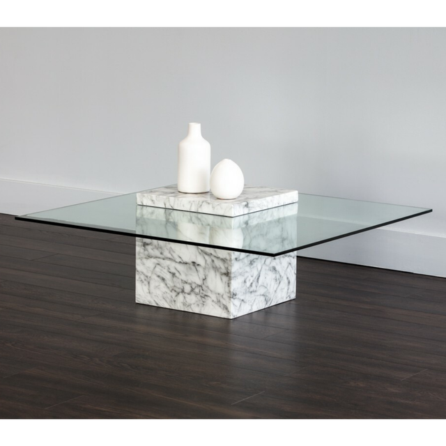 White Faux Marble and Glass Table