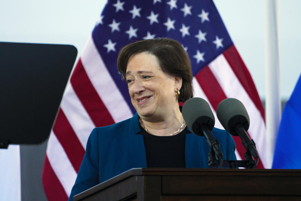 Supreme Court Justice Elena Kagan, who was the ship sponsor, speaks during the christening for the USNS Earl Warren (T-AO 207) in San Diego on Saturday, Jan. 21, 2023. (Nelvin C. Cepeda/The San Diego Union-Tribune via AP)