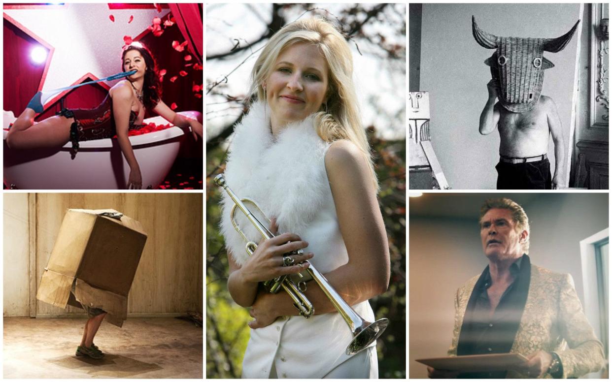 Clockwise from bottom left: Give Me Your Love, Underbelly Festival's Tempest Rose, Sound Unbound's Alison Balsom, Picasso: Minotaurs & Matadors, Sci-Fi-London's David Hasselhoff