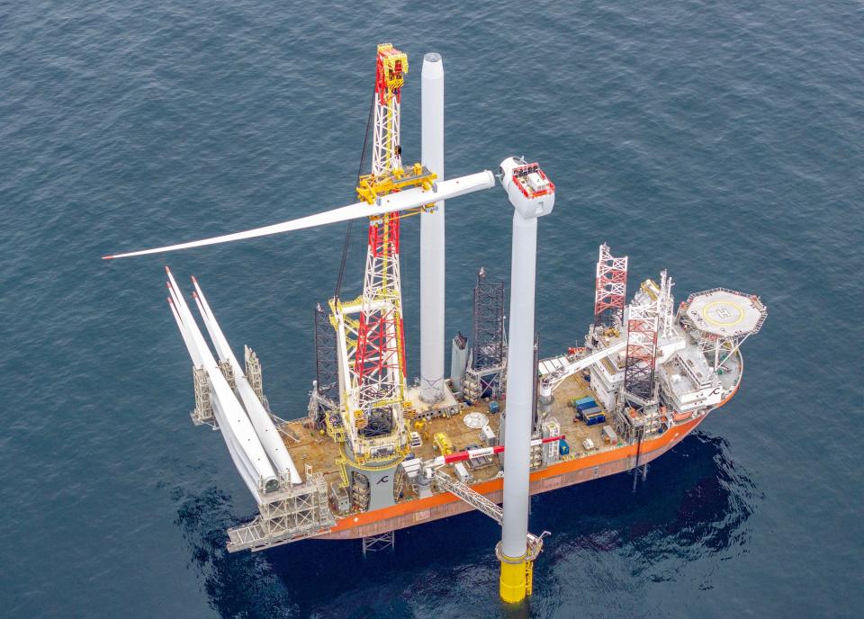 A wind turbine under construction off the coast of Scotland.