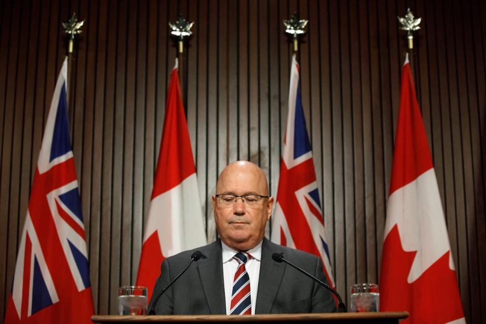 Minister of Housing Steve Clark speaks during a press conference at Queen’s Park, in Toronto, on Aug. 31, 2023. Clark is facing calls to step down, over his handling of the process that led to protected Greenbelt lands being selected for housing development.