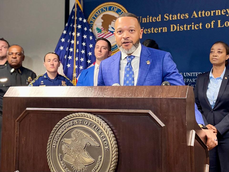 United States Attorney Brandon B. Brown during a press conference to announce the return of an indictment charging 21 defendants in bank fraud, April 25, 2024.