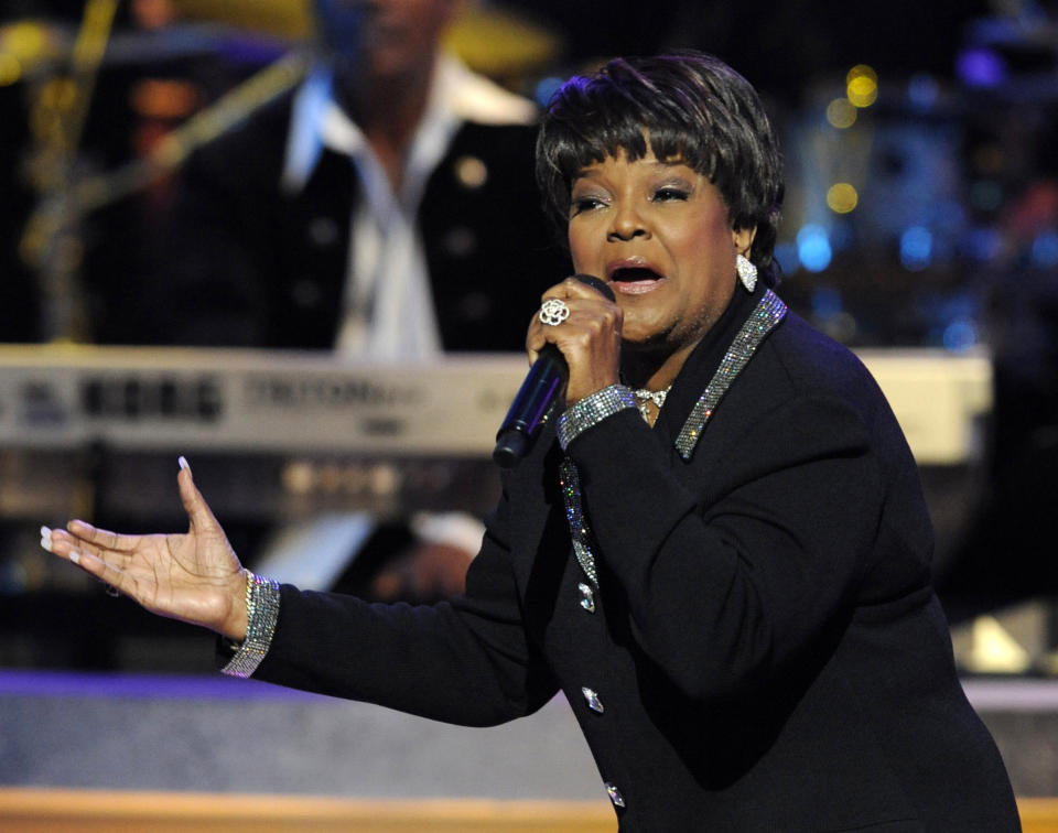 FILE - This Dec. 15, 2007 file photo shows 11-time Grammy winner and pastor Shirley Caesar performing at BET network's Annual Celebration of Gospel concert in Los Angeles. Caesar, who is known as the "Queen of Gospel," is singing to a different tune on her new solo album, "Good God," released last week. It has been four years since she dropped an album, giving her time to embrace a new musical approach. The 74-year-old Caesar brought on up-and-comers Kurt Carr and James Fortune as producers to infuse a more contempo style. (AP Photo/Chris Pizzello, file)