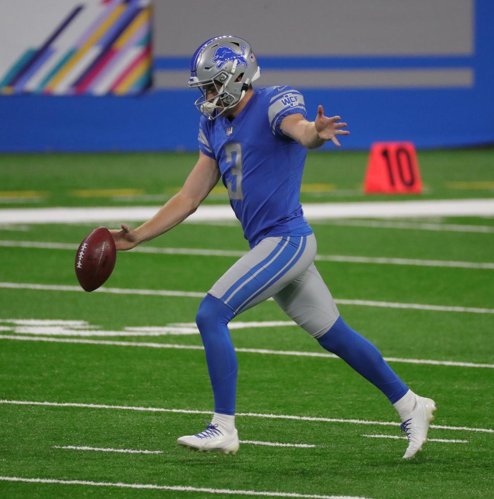 Lions punter Jack Fox warms up before the game against the Saints on Sunday, Oct. 4, 2020, at Ford Field.