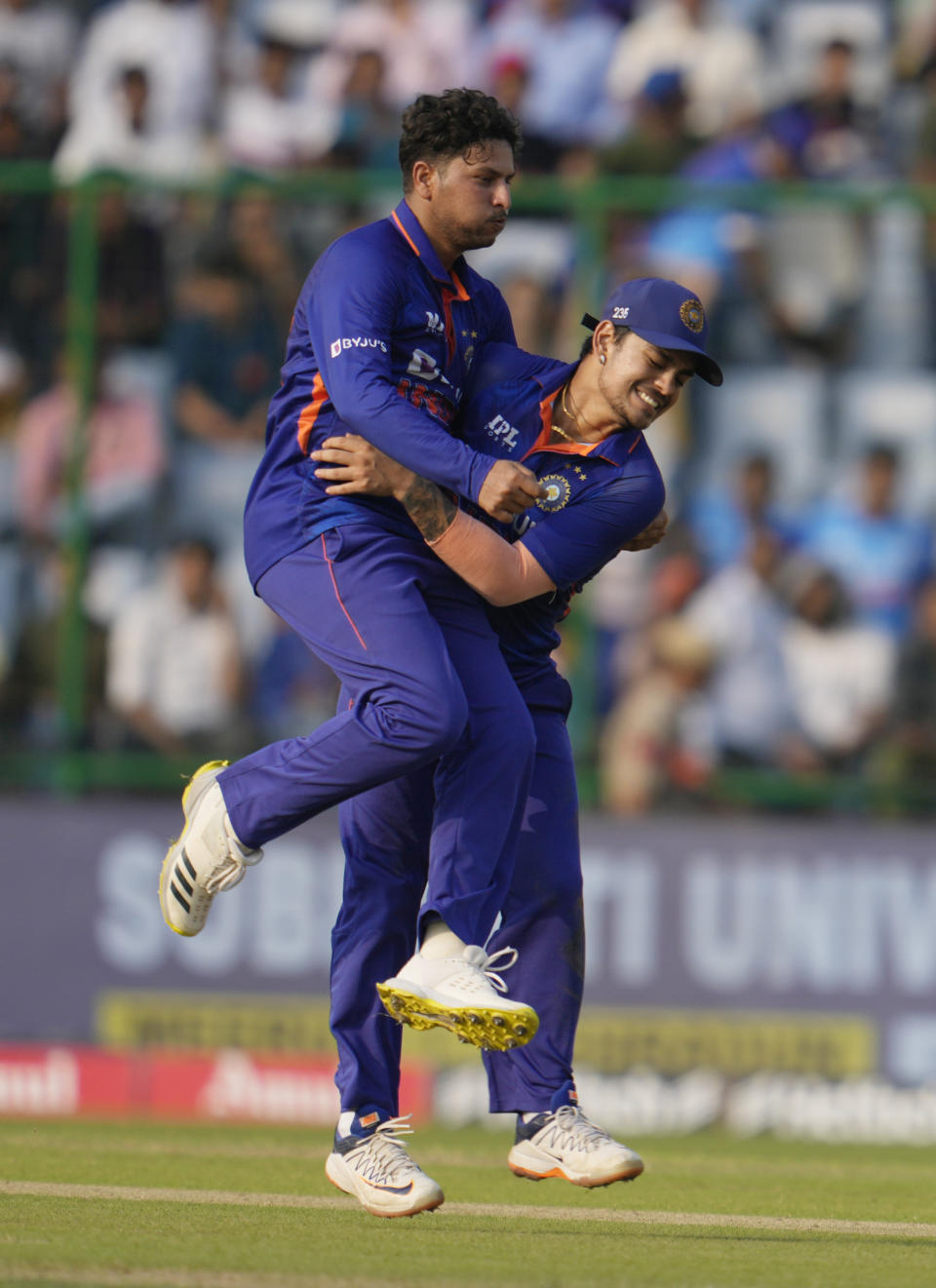 India's Kuldeep Yadav celebrates the wicket of South Africa's Anrich Nortje during the third one day international cricket match between India and South Africa, in New Delhi, India, Tuesday, Oct.11, 2022. (AP Photo/Altaf Qadri)