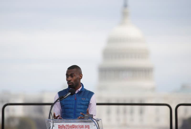 FILE PHOTO: Civil rights activist DeRay Mckesson speaks at the "End Racism Rally" on the National Mall on the 50th anniversary of the assassination of civil rights leader Rev. Martin Luther King Jr. in Washington