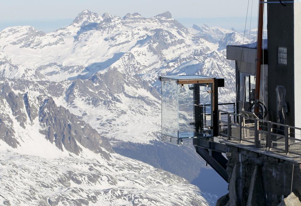 View of the 'Step into the Void' installation at the Aiguille du Midi mountain peak above Chamonix, in the French Alps