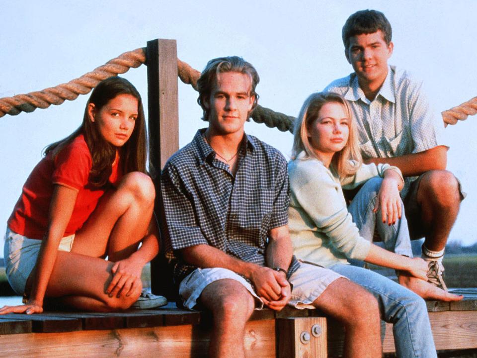 <p>The original cast of Dawson’s Creek [from left]: Katie Holmes, James Van Der Beek, Michelle Williams, and Joshua Jackson (1998)</p>Rex Features/Warner Bros