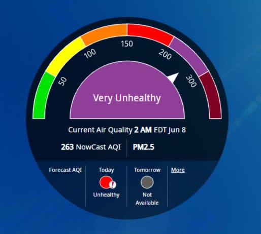 New York’s air pollution levels stand in the purple category deemed ‘hazardous’ (Screengrab/AirNow)