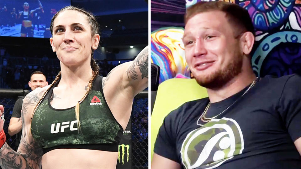 Casey Kenney (pictured right) during a podcast and Aussie UFC star Megan Anderson (pictured) celebrating after a fight.