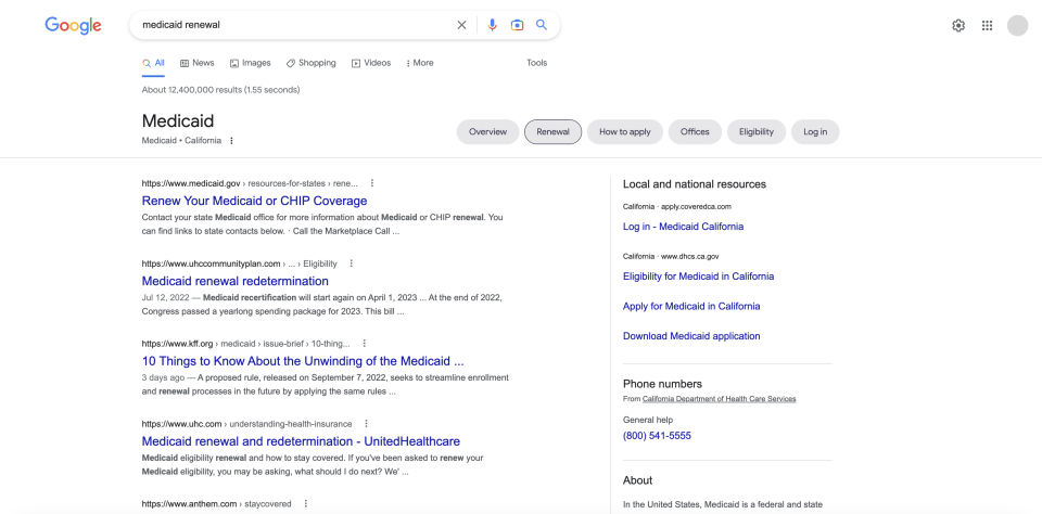 Medicaid registration links in Google Search results.