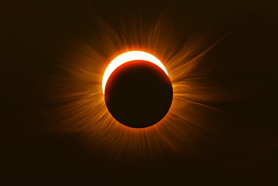 A solar eclipsed photographed almost at totality