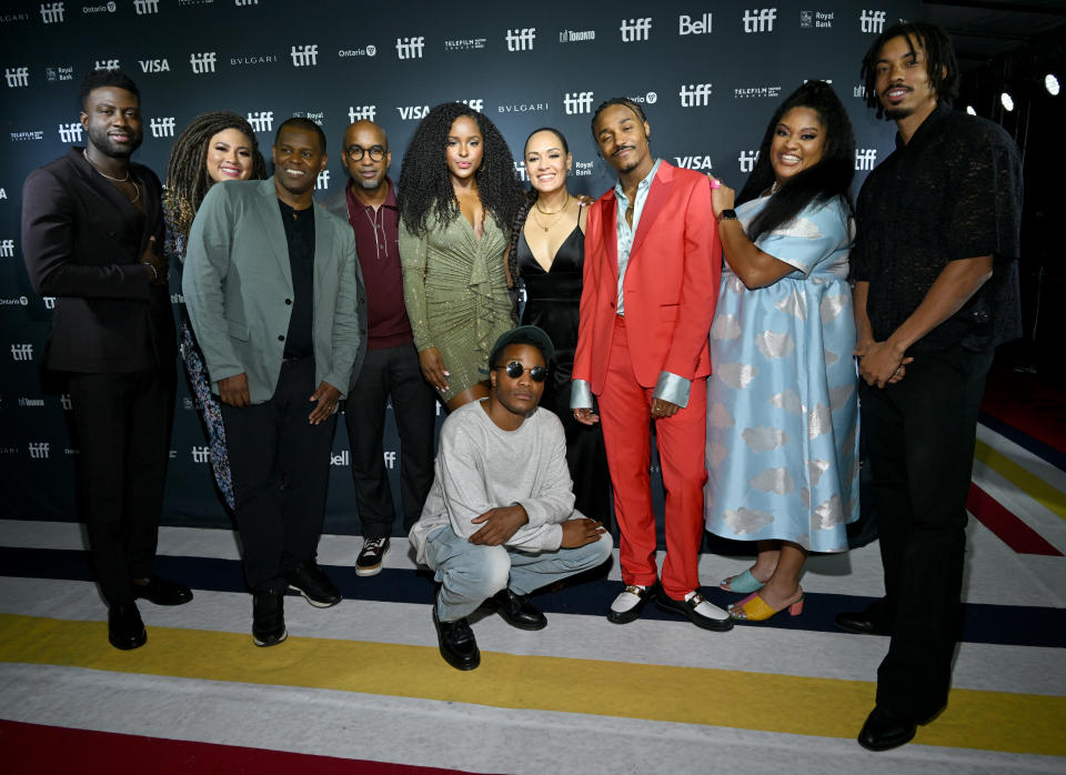 (L-R) Sinqua Walls, Tracy Oliver, E. Brian Dobbins, Tim Story, Antoinette Robertson, Jermaine Fowler, Grace Byers, Dewayne Perkins, X Mayo and Melvin Gregg at TIFF premiere