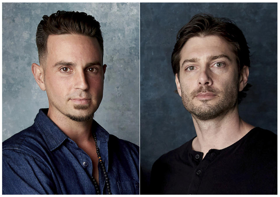 This combination photo shows Wade Robson, left, and James Safechuck who appear in the Michael Jackson documentary "Leaving Neverland" during the Sundance Film Festival in Park City, Utah. Three Michael Jackson fan clubs in France are suing Robson and Safechuck who accuse the singer of sexual abuse in the documentary. A hearing in the case was held Thursday, July 4, 2019, in a court in the French city of Orleans. Wade and Safechuck are accused of unfairly blackening the singer’s reputation. The verdict will be in October. (Photo by Taylor Jewell/Invision/AP)