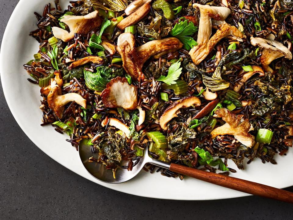 Fried Wild Rice with Mustard Greens and Mushrooms