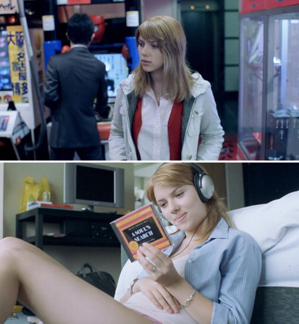 Two scenes featuring Charlotte from "Lost in Translation": Charlotte in an arcade and Charlotte on a bed with a book and wearing headphones