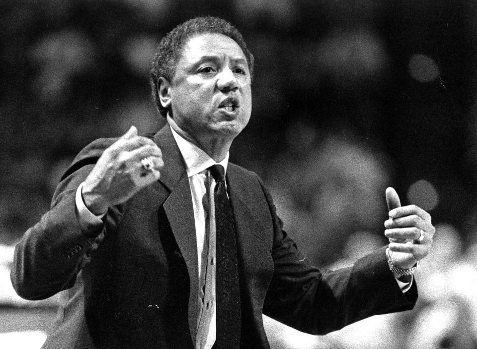 Cleveland Cavaliers coach Lenny Wilkens works the sideline during an NBA basketball game at the Richfield Coliseum, Dec. 17, 1988, in Richfield, Ohio.