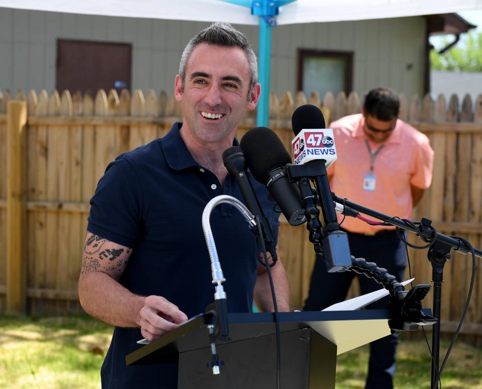 Jake Day, Maryland Secretary of Housing & Community Development, gives his remarks at the Anne Street Village ribbon cutting ceremony Friday, April 21, 2023, in Salisbury, Maryland. The village will house 23 people in the units that come equipped with beds, mini refrigerators, a/c units and more.