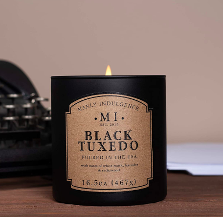 Manly Indulgence Black Tuxedo Scented Jar Candle. Image via Amazon.
