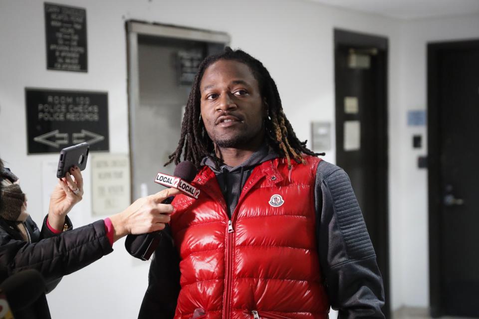 Adam Jones talks to reporters after being released from jail earlier this month. (AP)