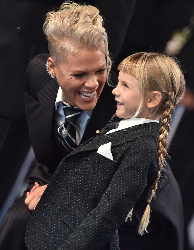 <p>At the 2017 MTV Video Music Awards in August, Willow and her famous mom sported matching suits, as Pink prepared to accept the year’s Michael Jackson Video Vanguard Award. During her speech, she brought down the house by telling <a rel="nofollow" href="https://www.yahoo.com/entertainment/pink-shuts-down-mtv-vmas-022716008.html" data-ylk="slk:a moving story;elm:context_link;itc:0;sec:content-canvas;outcm:mb_qualified_link;_E:mb_qualified_link;ct:story;" class="link  yahoo-link">a moving story</a> about how she responded to Willow when she worried about the way she looked. “You, my darling girl, are beautiful and I love you,” Pink said from the stage. (Photo: Axelle/Bauer-Griffin/FilmMagic) </p>