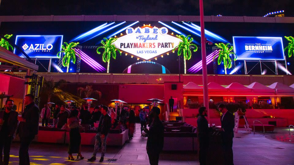 A general view of the pool and signage at Playmakers Party at AZILO Ultra Pool & Lounge at Sahara Las Vegas on February 8, 2024 in Las Vegas. - Aaron J. Thornton/Getty Images