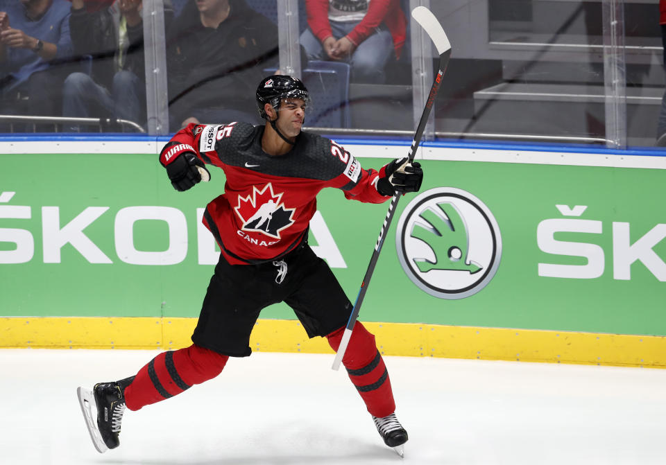 Canada's Darnell Nurse celebrates after scoring his side's second goal during the Ice Hockey World Championships semifinal match between Canada and Czech Republic at the Ondrej Nepela Arena in Bratislava, Slovakia, Saturday, May 25, 2019. (AP Photo/Petr David Josek)