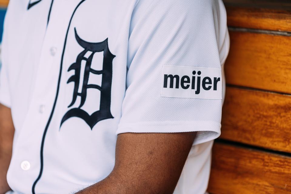 Home and road jerseys for the Detroit Tigers will feature Meijer branding on sleeves beginning with Thursday's game against the Chicago White Sox at Comerica Park on May 25, 2023.