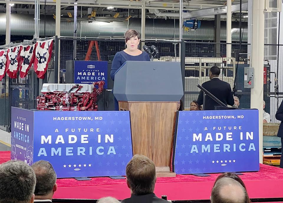 Hagerstown Mayor Emily Keller touts the Bipartisan Infrastructure Law on Friday during President Biden's visit to the Volvo Group Trucks Powertrain plant in Hagerstown.