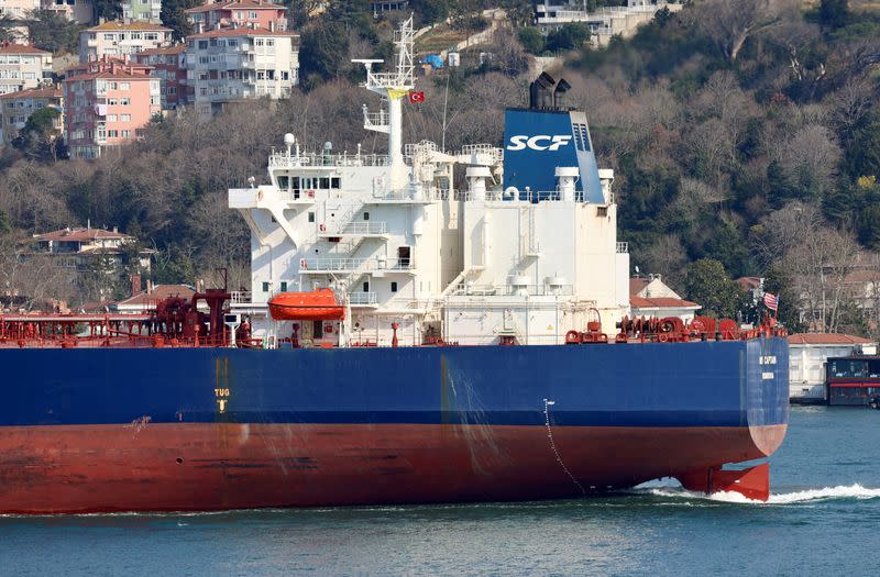 FILE PHOTO: Liberia-flagged crude oil tanker NS Captain, owned by Russia's leading tanker group Sovcomflot, transits the Bosphorus