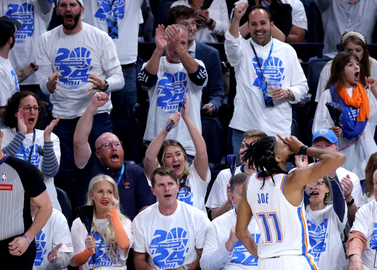 Thunder guard Isaiah Joe (11) celebrates a 3-point shot in the second half during Game 1 of a first-round NBA playoff series against the Pelicans on Sunday night at Paycom Center. OKC won 94-92.